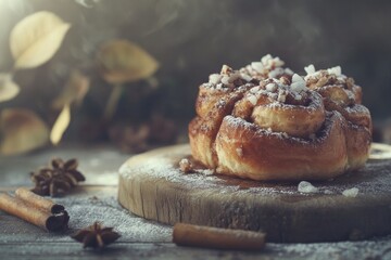 Sweet cinnamon roll, dusted with sugar, sits on rustic wooden board, surrounded by autumnal spices