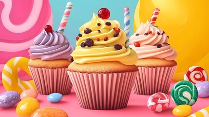 Three colorful cupcakes surrounded by candy and balloons.