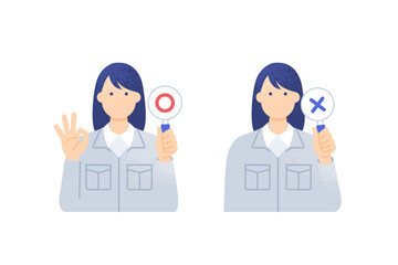 建設業で働く女性。作業着の女性現場監督が○×札を持つ。かわいいベクターイラスト素材。