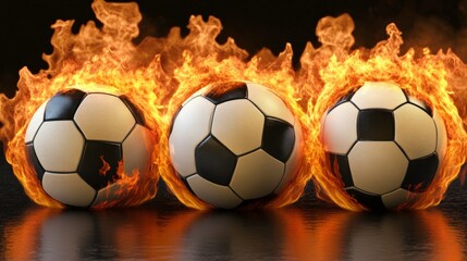 Fototapeta premium Three soccer balls engulfed in flames, creating an intense and dynamic visual that captures the spirit of competition and athleticism in sports.