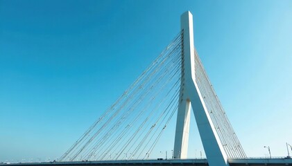 Modern bridge tower against a blue sky, showcasing architectural design and engineering , sunlight, clean