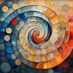 Fototapeta premium Colorful spiral pattern composed of concentric circular shapes with gradient shades of blue, orange, red, beige, and yellow evoking a dynamic and hypnotic visual effect