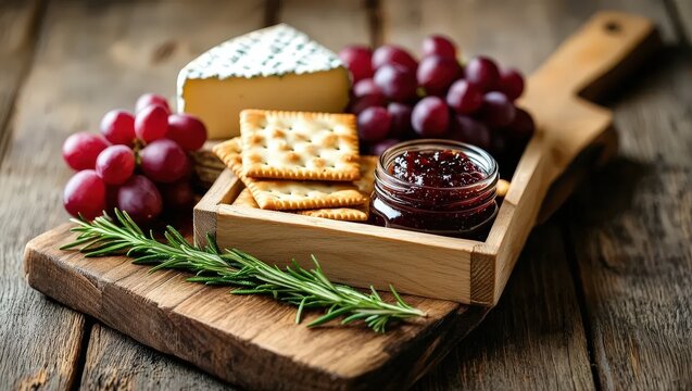 Arrangement of Cheese, Grapes, Crackers and Jam on Wooden Tray
