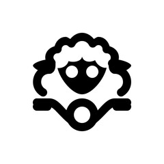 Illustration of a stylized sheep face with curly wool and a circular element below the face design element