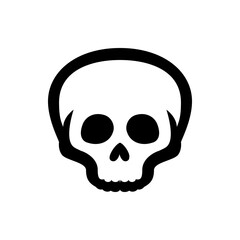 Illustration of a stylized skull with rounded features and prominent eye sockets in black and white design