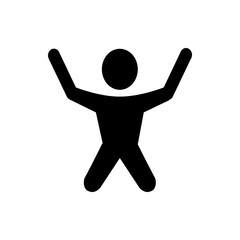 Silhouette of a person with arms raised and legs apart in a celebratory or excited pose on a white background