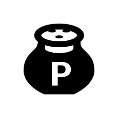 Illustration of a black pepper shaker with a white p on it and three holes on top on a white background