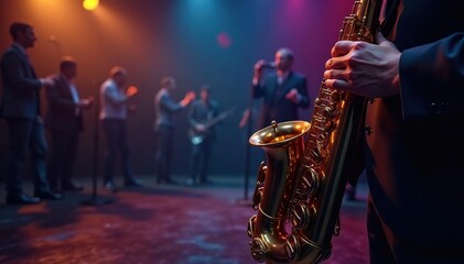 Fototapeta premium Close-up shot of a saxophone on a dimly lit stage, with musical notes subtly visible in the background , instrument, music notes