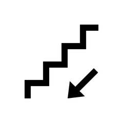 Black staircase symbol with a downward pointing arrow indicating direction of descent on a white background