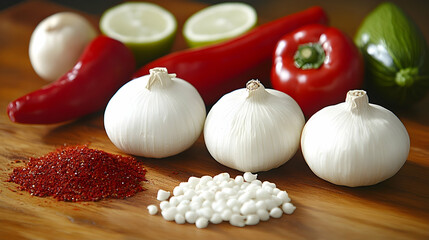 Fresh garlic, peppers, and spices on wood. Food prep