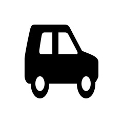 Silhouette of a compact car with rounded edges and circular wheels, presented in a simple black and white design