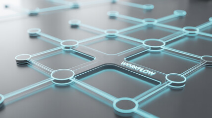 Abstract flowchart with glowing nodes and connections illustrating business process optimization and efficiency.
