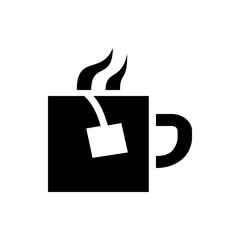 Black and white graphic of a mug with steam rising and a tea bag inside representing a hot beverage