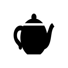 A black silhouette of a teapot with a round body handle spout and lid on a white background image view