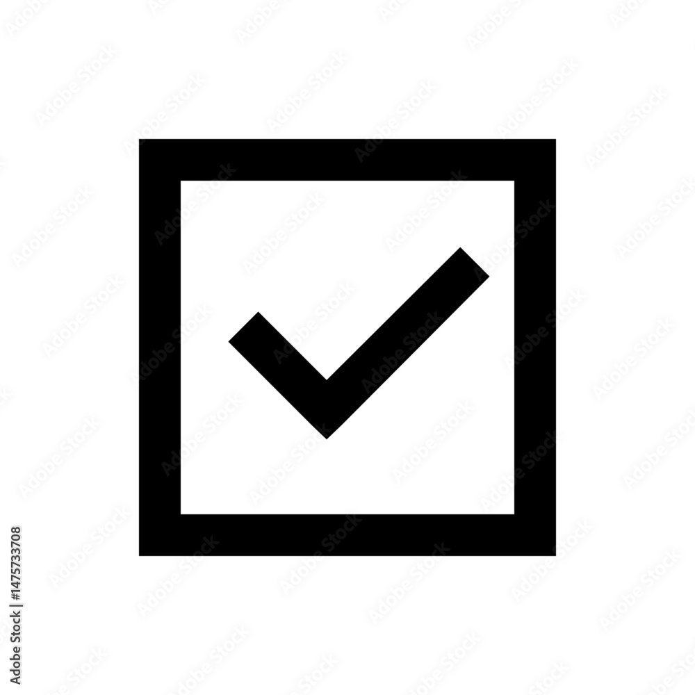 Poster black check mark inside a square box indicating completion or verification with a clean simple desig