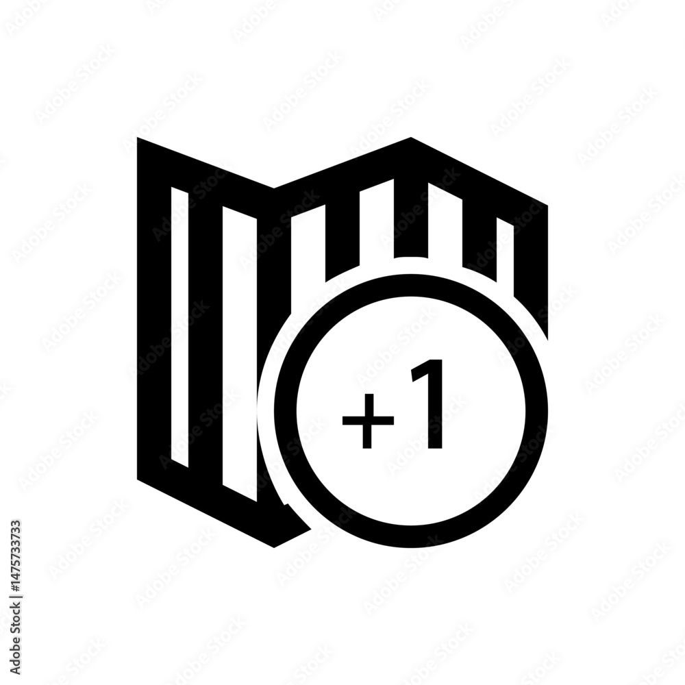 Poster black and white icon showing a folded map with a circle containing a plus sign and the number one sy