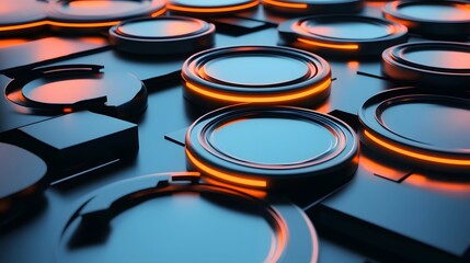 Abstract geometric shapes with glowing neon outlines.