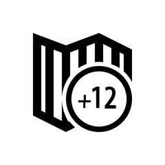 Black and white graphic of a map with a circle containing the symbol plus twelve indicating age rating