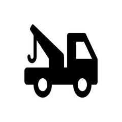 Illustration of a black tow truck with a visible hook, wheels, and cabin on a white background plain view