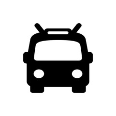 Illustration of a black bus with two antennas on top and two headlights on the front side view vehicle