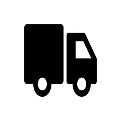 Illustration of a black delivery truck with a rectangular cargo area and two visible round wheels shown