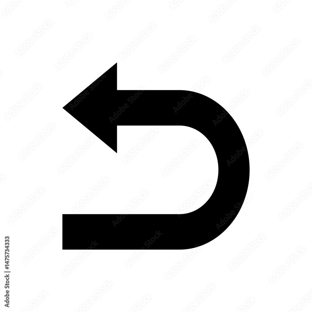 Poster black arrow pointing left with a curved tail indicating a return or undo action on white background