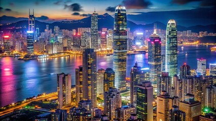 Naklejka premium Hong Kong Skyline, Urban Architecture, Cityscape, Buildings, Night Photography