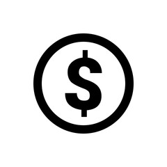 Black dollar sign centered within a black circle against a white background providing clear contrast view