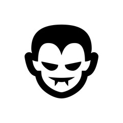 Illustration of a stylized vampire face with dark hair and sharp fangs on a white background icon art