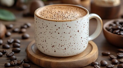 Warm cup of coffee with frothy surface on wooden table surrounded by coffee beans and natural elements, inviting and cozy atmosphere for java lovers
