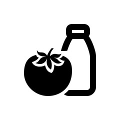 Black silhouette of a tomato with leaves next to a bottle with a handle and a square opening top is seen