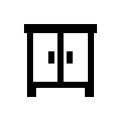 A pixelated illustration of a black and white cabinet with two doors and rectangular handles design
