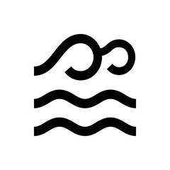 Illustration of three black wavy lines representing water waves with a curled wave at the top right corner