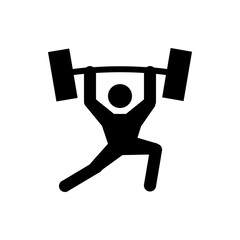 Silhouette of a weightlifter lifting a barbell above his head in a black and white vector illustration
