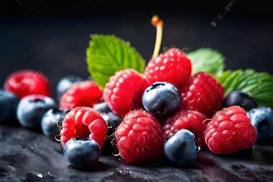 blueberries and raspberries isolated on solid background - Powered by Adobe