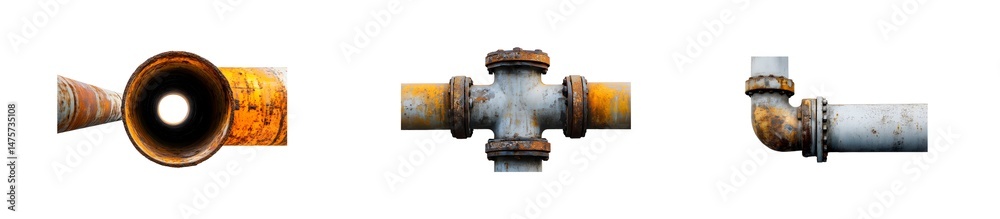 Poster set of corroded pipeline section with a complex joint. isolated on transparent background