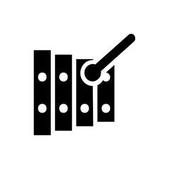 Illustration of a xylophone with black bars white circles and a mallet striking the instrument bars shown