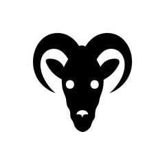 Illustration of a black stylized ram head with large curved horns and white eyes on a white background