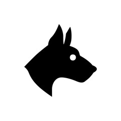 Silhouette of a dog head with pointy ears and a round eye viewed from the side in black and white color scheme