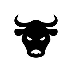 Silhouette of an angry bull head with sharp horns and piercing eyes in a minimalist black and white design