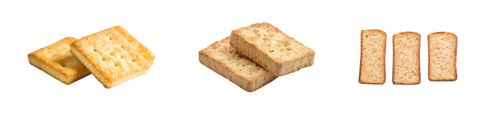 Different types of crispy bread slices displayed. isolated on transparent background