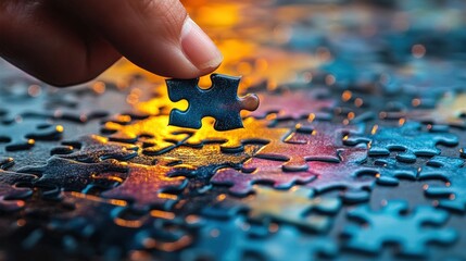A hand placing a jigsaw puzzle piece.  A colorful, intricate puzzle is nearly complete