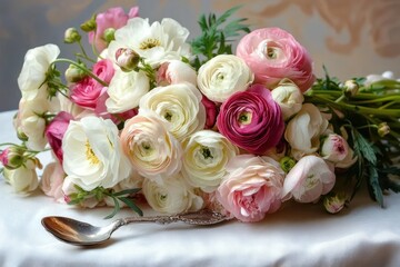 Obraz premium A delicate bouquet of mixed ranunculus flowers in shades of white, pink, and deep rose resting on a white cloth with an ornate silver spoon nearby, evoking elegance and softness