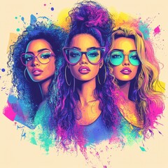 Fototapeta premium Vibrant Portrait of Three Stylish Young Women with Colorful Hair and Bold Glasses Against a Bright Abstract Background