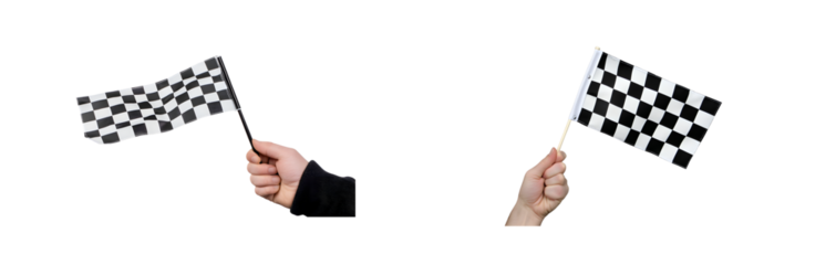 Checkered flags held high by hands. isolated on transparent background