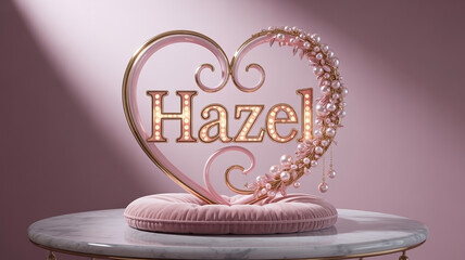 Realistic 3d illustration showcasing a luxurious heart shaped ornament with pretty Hazel nameplate resting on a pink plush velvet cushion