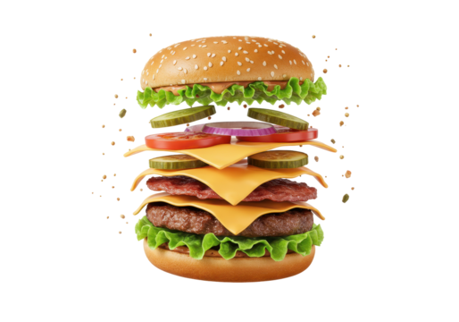 Exploding Burger with Beef, Cheese, and Vegetables on Transparent Background