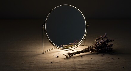 A round tabletop mirror reflecting a soft light, with a small bundle of dried lavender laying beside it on a neutral linen cloth