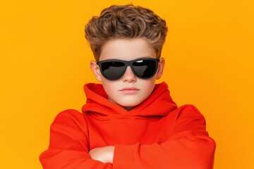 Confident young boy wearing black sunglasses and a bright red hoodie, posing against a vibrant yellow background with a serious yet stylish expression.