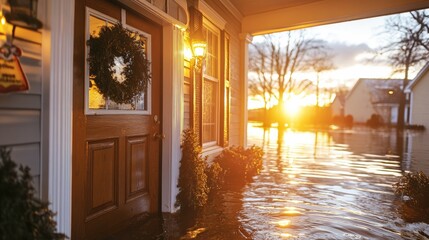 Serene Sunset Over Flooded Suburban Home With Front Door Wreathed in Green, Reflecting Water and Warm Light on a Calm Evening Scene